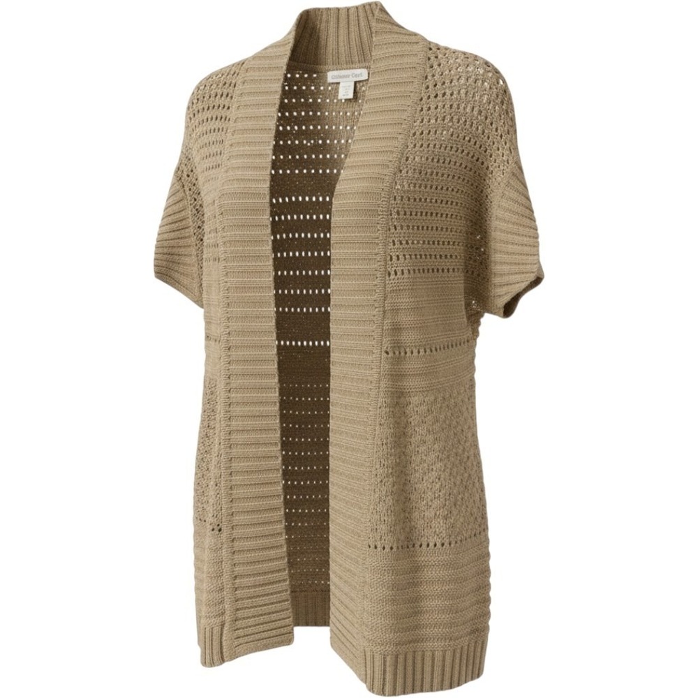 Coldwater Creek M 10/12 Tan Brown Open Short Sleeve Sweater Long Cardigan Knit